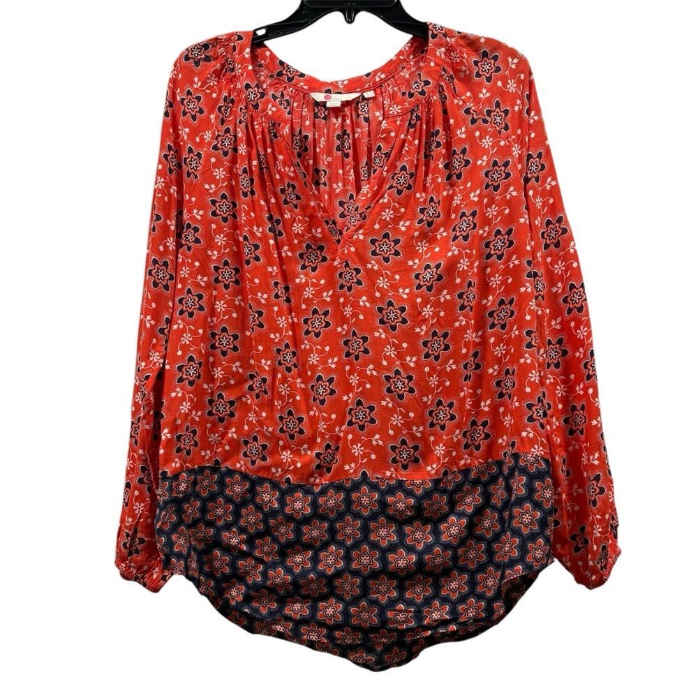 Boden Orange Navy Floral Long Sleeve Maya Tunic Blouse Size 6